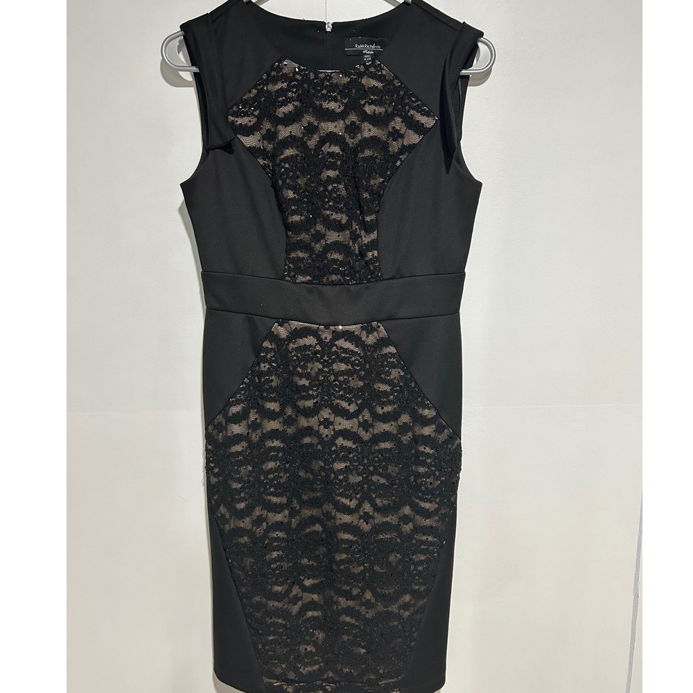 R&M Richards Petite Black Lace‎ Sheath Dress Size 4P Formal Evening Cocktail